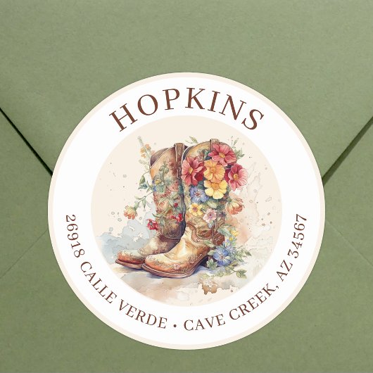 Cowgirl Stiefel mit Blume Rücksendeadressen-Aufkle Runder Aufkleber