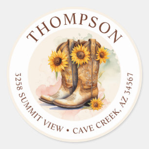 Cowgirl-Stiefel mit Sonnenblumen-Rücksendeetikett Runder Aufkleber