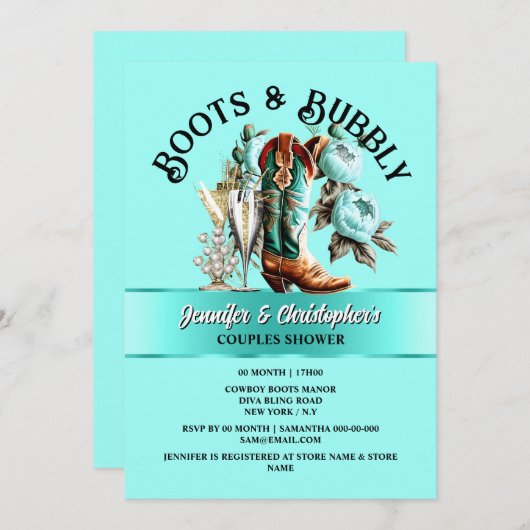 Cowgirl Stiefel Peony Aqua aquamarin Bläserglasur Einladung (Vorne/Hinten)