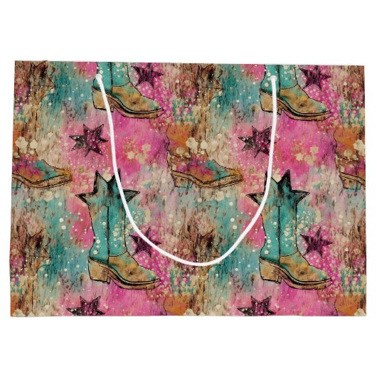 Cowgirl Stiefel Stars Distressed Retro Muster Große Geschenktüte (Rückseite)