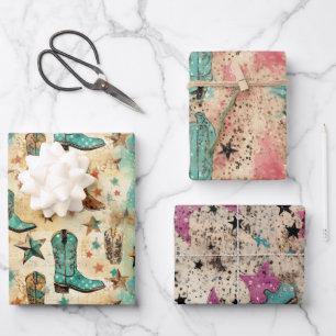 Cowgirl Stiefel Stars Rosa Türkisfarben Set 3 Geschenkpapier Set