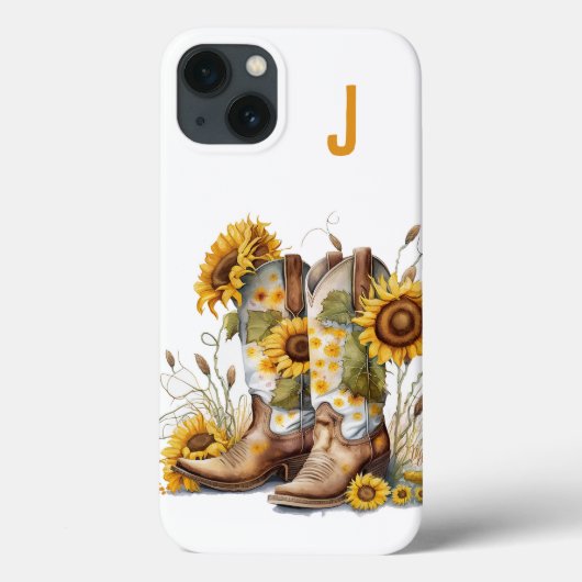 Cowgirl Stiefel und Sonnenblumen Mit Monogramm Case-Mate iPhone Hülle (Rückseite)
