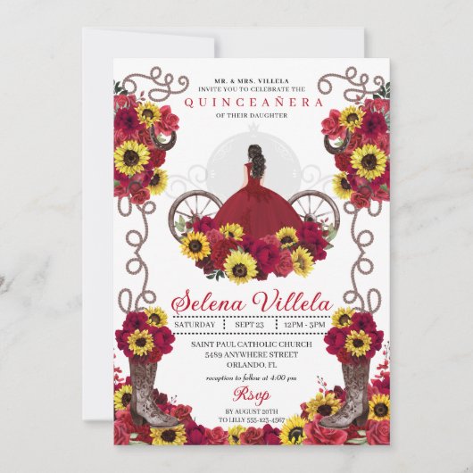 Cowgirl Sunblumen Rose Western Quinceanera Einladung (Vorderseite)