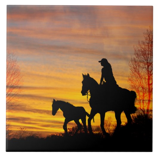 Cowgirl Sunset Horseback Ride Keramik Tile Fliese (Vorderseite)