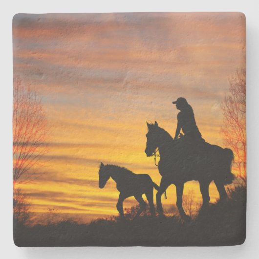 Cowgirl Sunset Horseback Ride Stone Untersetzer (Vorderseite)