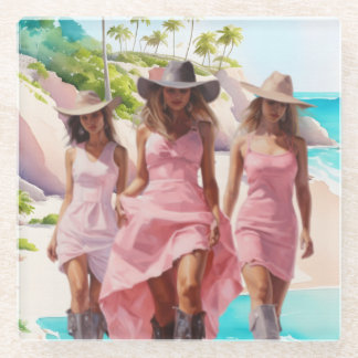 Cowgirl-Trio an der Küste in farbenfrohen rosa Kle Glasuntersetzer