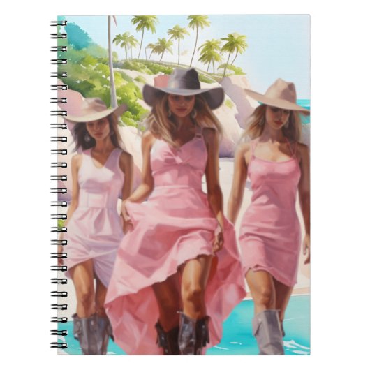 Cowgirl-Trio an der Küste in farbenfrohen rosa Kle Notizblock (Vorderseite)