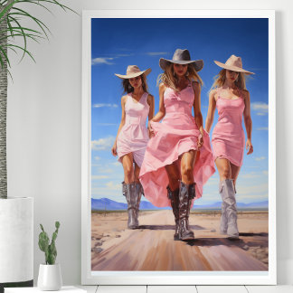 Cowgirl-Trio an der Küste in farbenfrohen rosa Kle Poster