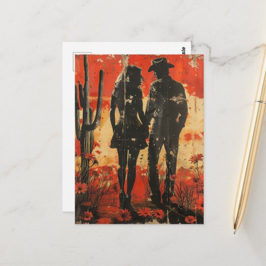 Cowgirl und Cowboy in einer Wüste Postkarte (Vorderseite/Rückseite Beispiel)