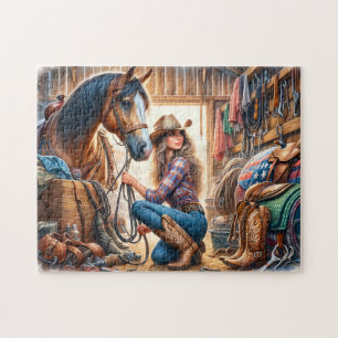 Cowgirl und Pferd im Stall auf der Ranch Puzzle