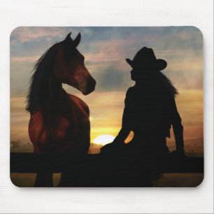 Cowgirl und Pferd im Sunset Mouse Pad Mousepad