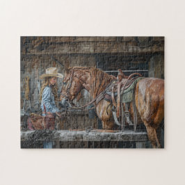 Cowgirl und Pferd Rustikale Western-Ranch Puzzle