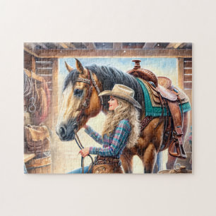 Cowgirl und Pferd Rustikale westliche Scheune Puzzle