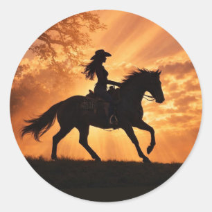 Cowgirl und Pferd Sonnenuntergang Country Western Runder Aufkleber
