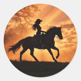 Cowgirl und Pferd Sonnenuntergang Country Western Runder Aufkleber