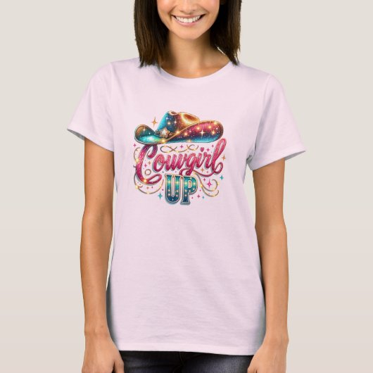 Cowgirl-up Text mit Hut-Western T-Shirt (Vorderseite)