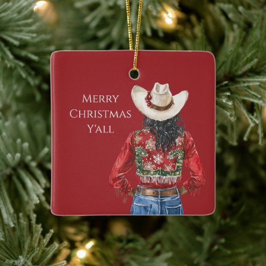 Cowgirl Western Black Hair Christmas   Keramikornament (Baum)