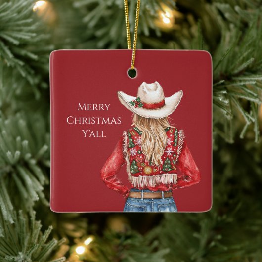 Cowgirl Western Blond Hair Christmas   Keramikornament (Baum)