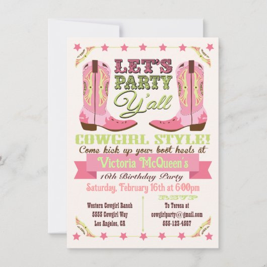 Cowgirl Western Geburtstagsparty Einladungen (Vorderseite)