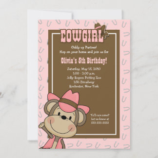 Cowgirl Western Monkey 12x18 Pink Horseshoe Geburt Einladung
