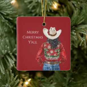 Cowgirl Western Schwarze Haare Weihnachten   Keramikornament