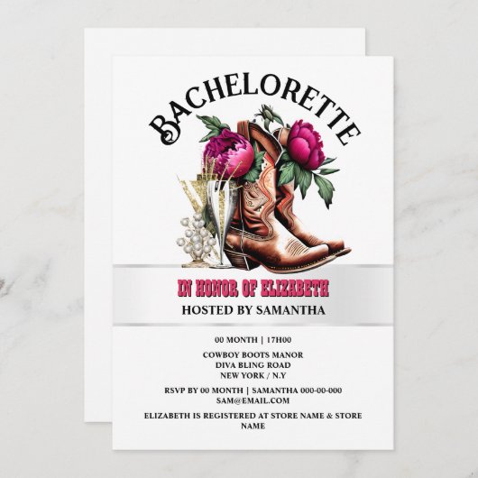 Cowgirl Western stickt magentafarbene blubbly chic Einladung (Vorne/Hinten)
