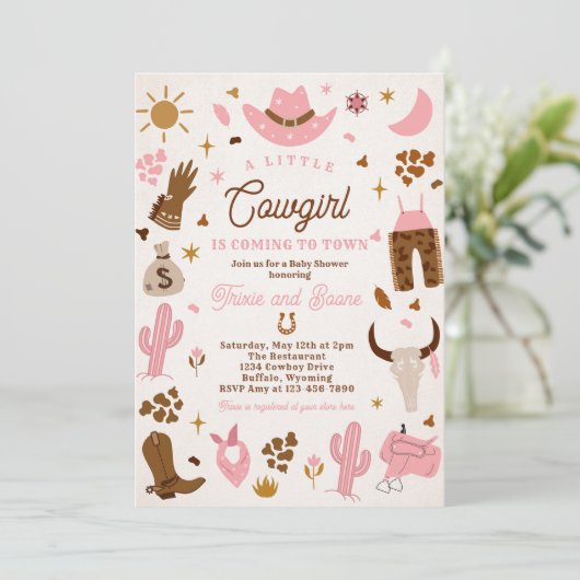 Cowgirl Wild West Rodeo Ranch Baby Dusche Einladung (Stehend Vorderseite)