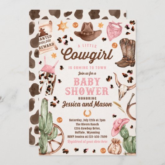 Cowgirl Wild West Rodeo Ranch Girl Babydusche Einladung (Vorne/Hinten)