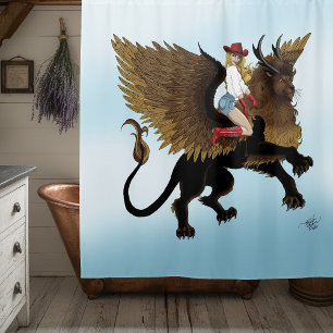 Cowgirl Winged Lion Fantasy Red Duschvorhang