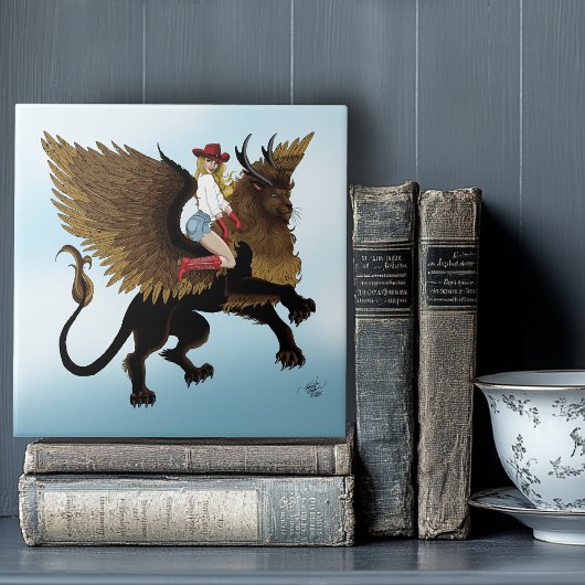 Cowgirl Winged Lion Fantasy Red Fliese