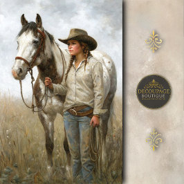 Cowgirl With Spotted Horse In Field Decoupage Seidenpapier