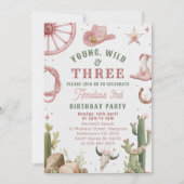 Cowgirl Young Wild & Three Birthday Invitation  Einladung (Vorderseite)
