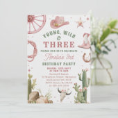 Cowgirl Young Wild & Three Birthday Invitation  Einladung (Stehend Vorderseite)
