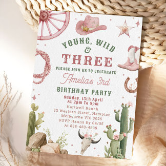 Cowgirl Young Wild & Three Geburtstagseinladung Einladung