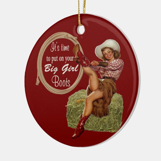 Cowgirl zieht dir große Stiefel an Keramik Ornament (Links)