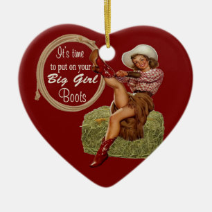 Cowgirl zieht dir große Stiefel an Keramikornament