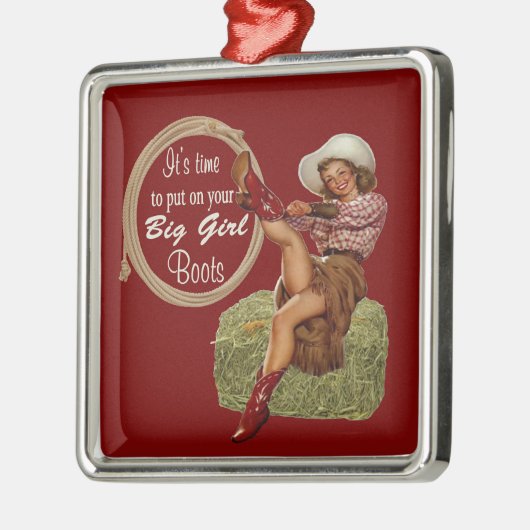 Cowgirl zieht dir große Stiefel an Silbernes Ornament (Links)