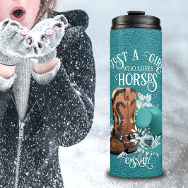 Cowgirl zitiert türkisfarbene Lederschuhe Thermosbecher