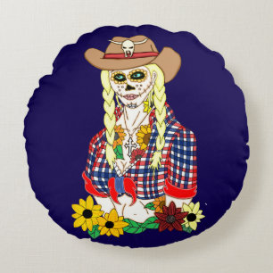 Cowgirl Zucker-Schädel Rundes Kissen
