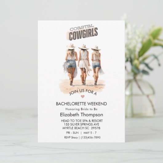 Cowgirls an der Küste Bachelorette Wochenende Einladung (Stehend Vorderseite)