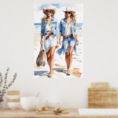 Cowgirls an der Küste Blau und Weiß Wasserfarbe Poster (Küche)
