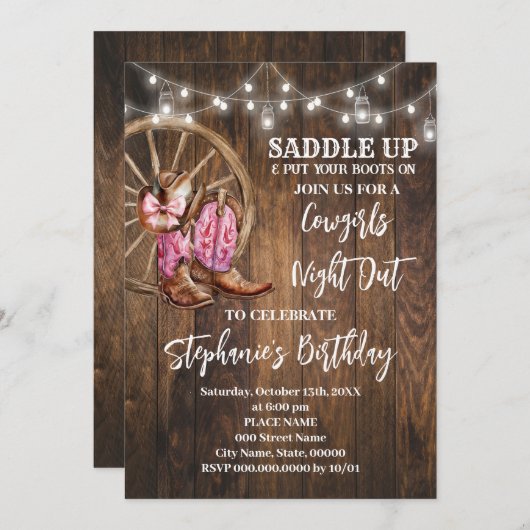Cowgirls übernachten in Rosa Western Land Geburtst Einladung (Vorne/Hinten)