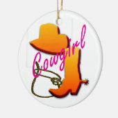 Cowgirltext mit Stiefel, Hut und Seilentwurf Keramik Ornament (Links)
