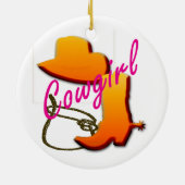 Cowgirltext mit Stiefel, Hut und Seilentwurf Keramik Ornament (Hinten)