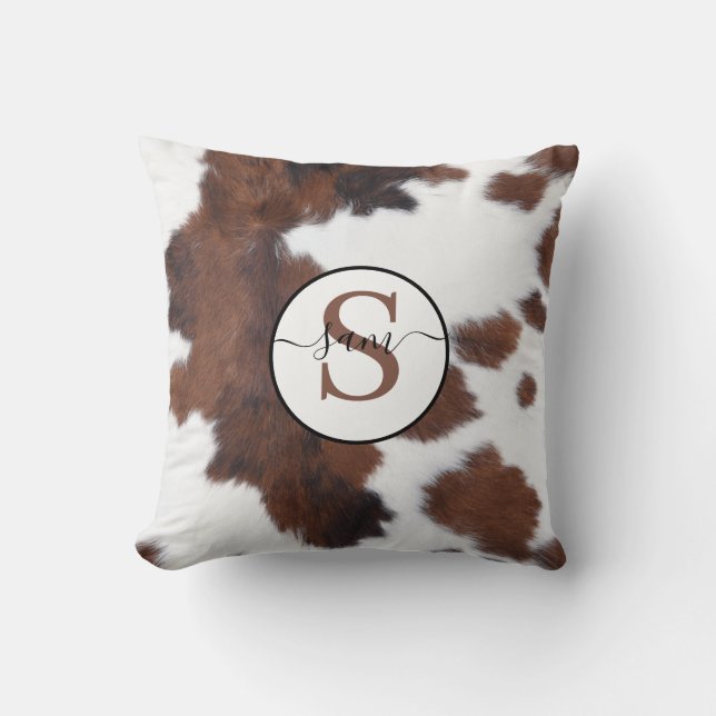 Cowhide Brown White Monogram Kissen Pilze (Vorderseite)