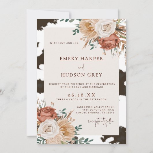 Cowhide Country Western Cowboy Boho Blumenhochzeit Einladung (Vorderseite)