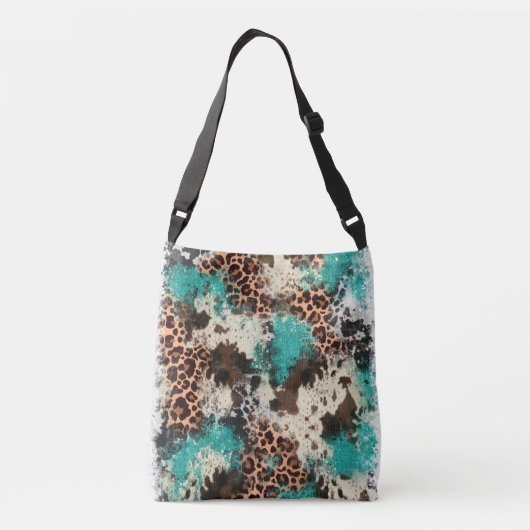 Cowhide Leopard Print Turquoise Totbeutel Tragetaschen Mit Langen Trägern (Rückseite)