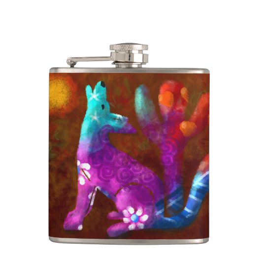 Coyote Abstrakt Art Saguaro Cactus Desert Brown Flachmann (Vorderseite)