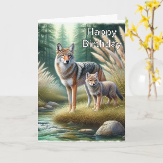 Coyote and Pup Happy Birthday Wildlife Karte (Gelbe Blume)