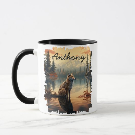 Coyote bei Sunrise Lake Reflection Tasse (Links)